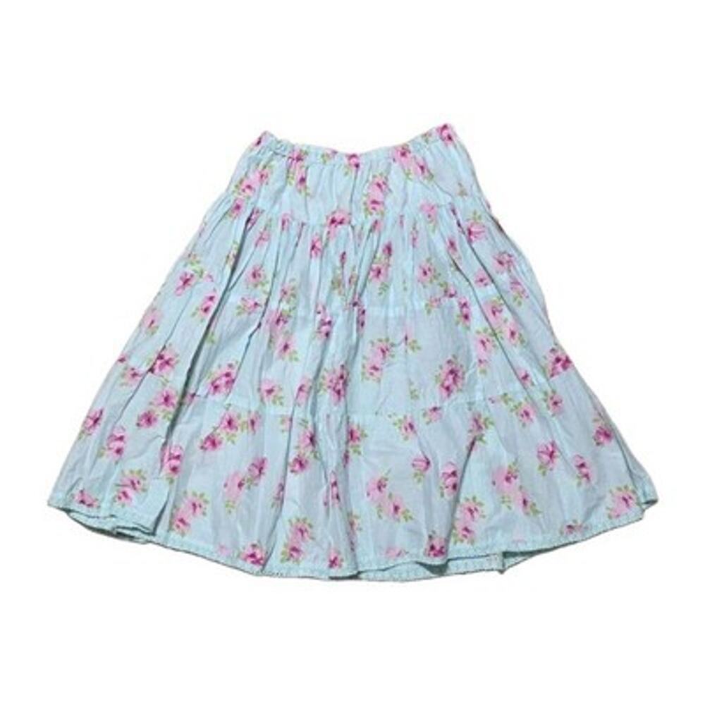 Vintage Floral Tiered Midi Skirt Girls Size 10 Blue Pink Cottagecore Cotton Boho